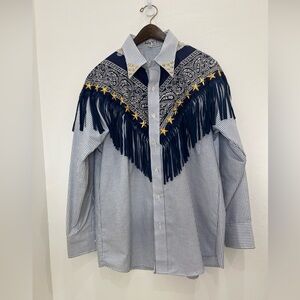 Men's Blue Western Striped Shirt with Fringe and Star Details